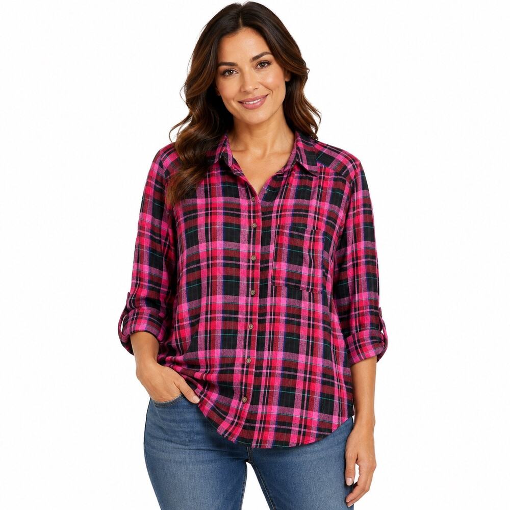 Jane Delaney Women's Pink Black Plaid Button Front Shirt Large
